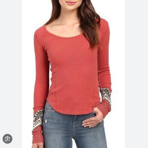 Free People We the Free Knit Henley Bandana Cuff Sleeve Top Thermal Waffle Knit